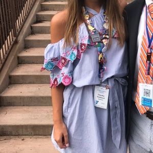 Loft Pinstripe Dress with Colorful Flower Detail